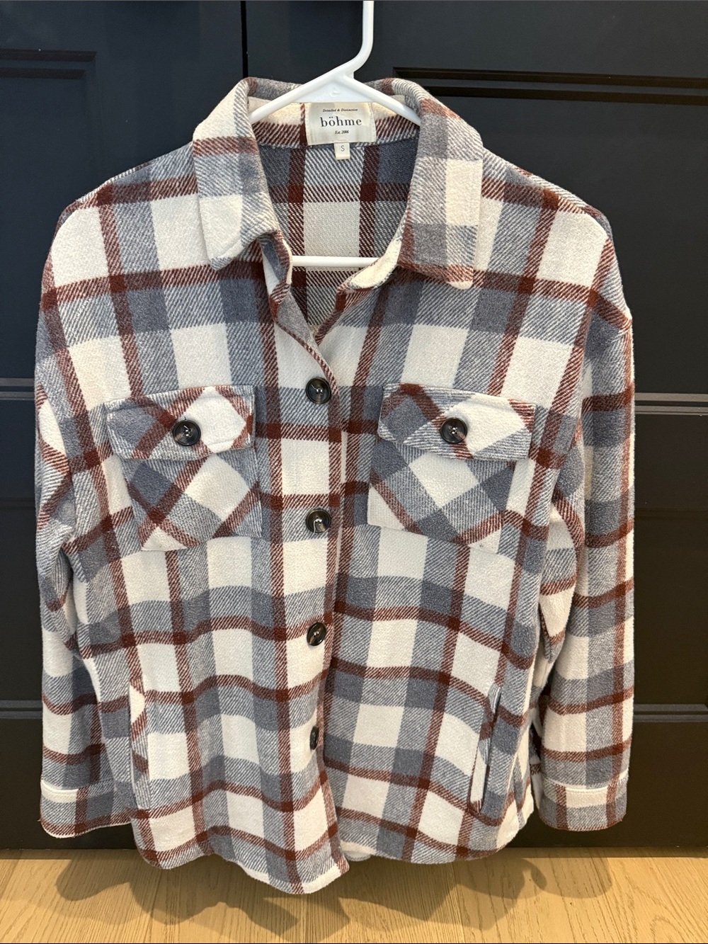 bohme Plaid Utility Shacket in White, Gray & Brown